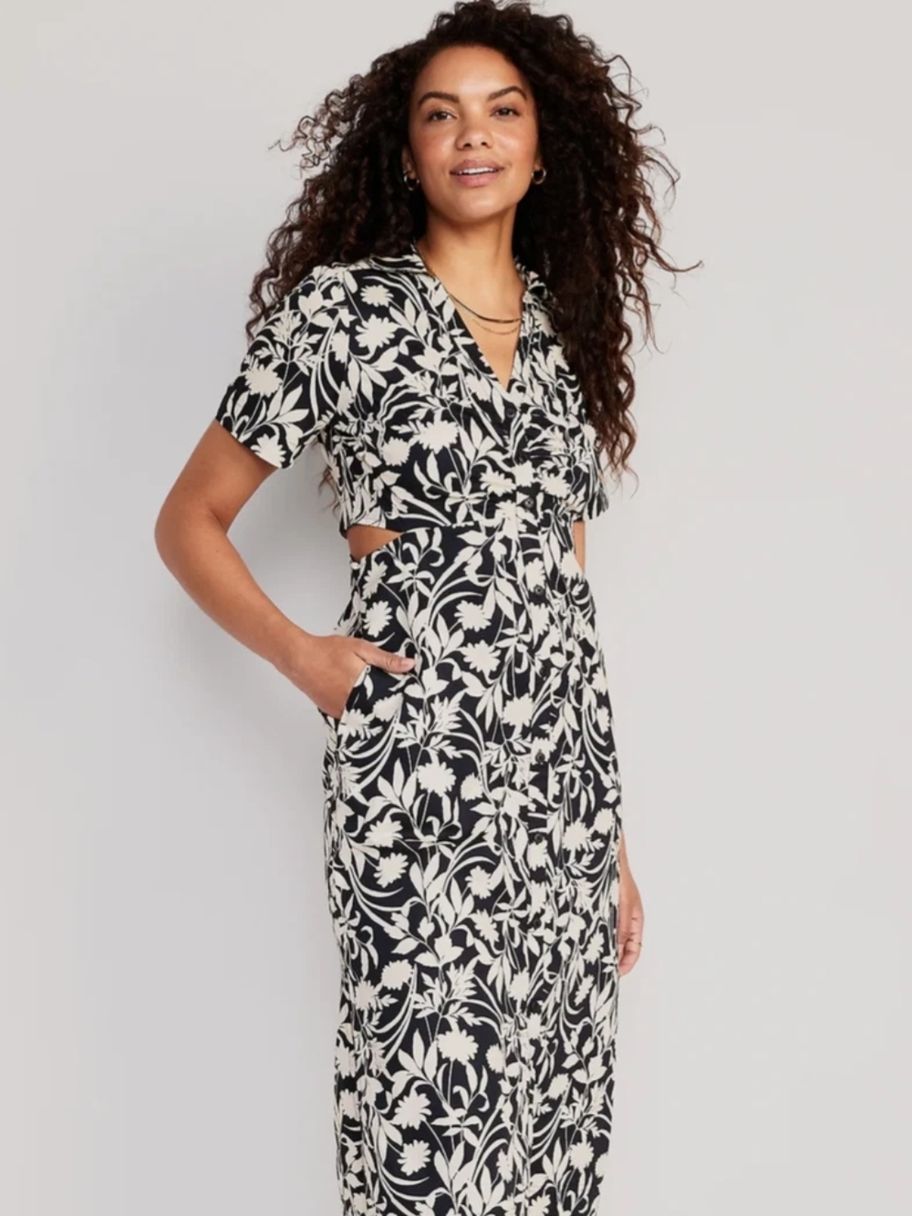 Black & White Floral Cutout Midi Dress - Brand Unknown